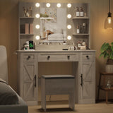Vanity Makeup Desk with Mirror and Lights, Farmhouse Vanity Table Set with Storage Drawers, Charging Station & Chair, 43" Large Rustic Dressing Table, 3 Lighting Modes for Women Girls Bedroom, Grey Xixini