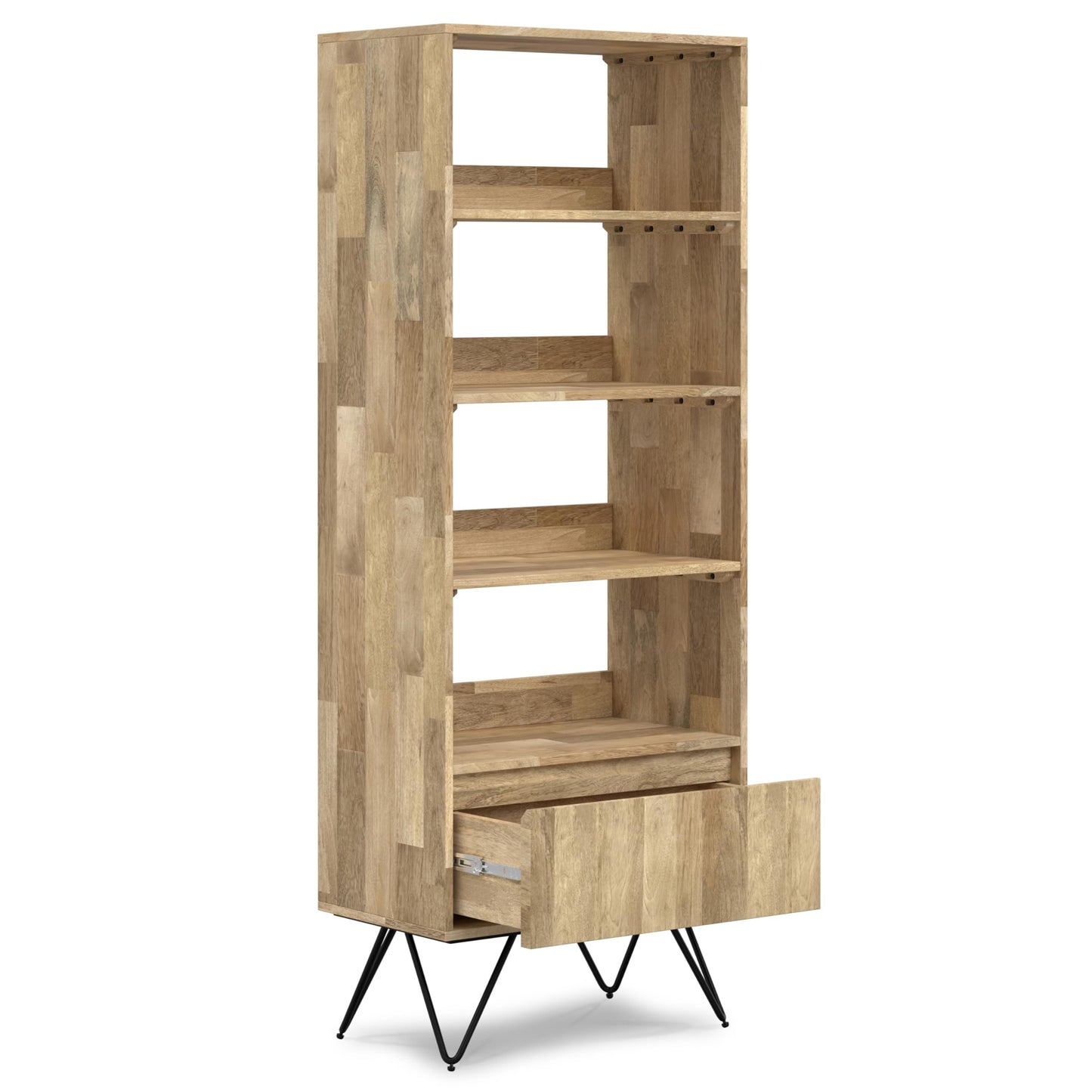 SIMPLIHOME Hunter Solid Mango Wood and Metal 64 inch x 24 inch Rectangle Modern Industrial Tall Bookcase in Natural for The Living Room, Study Room and Office - WoodArtSupply