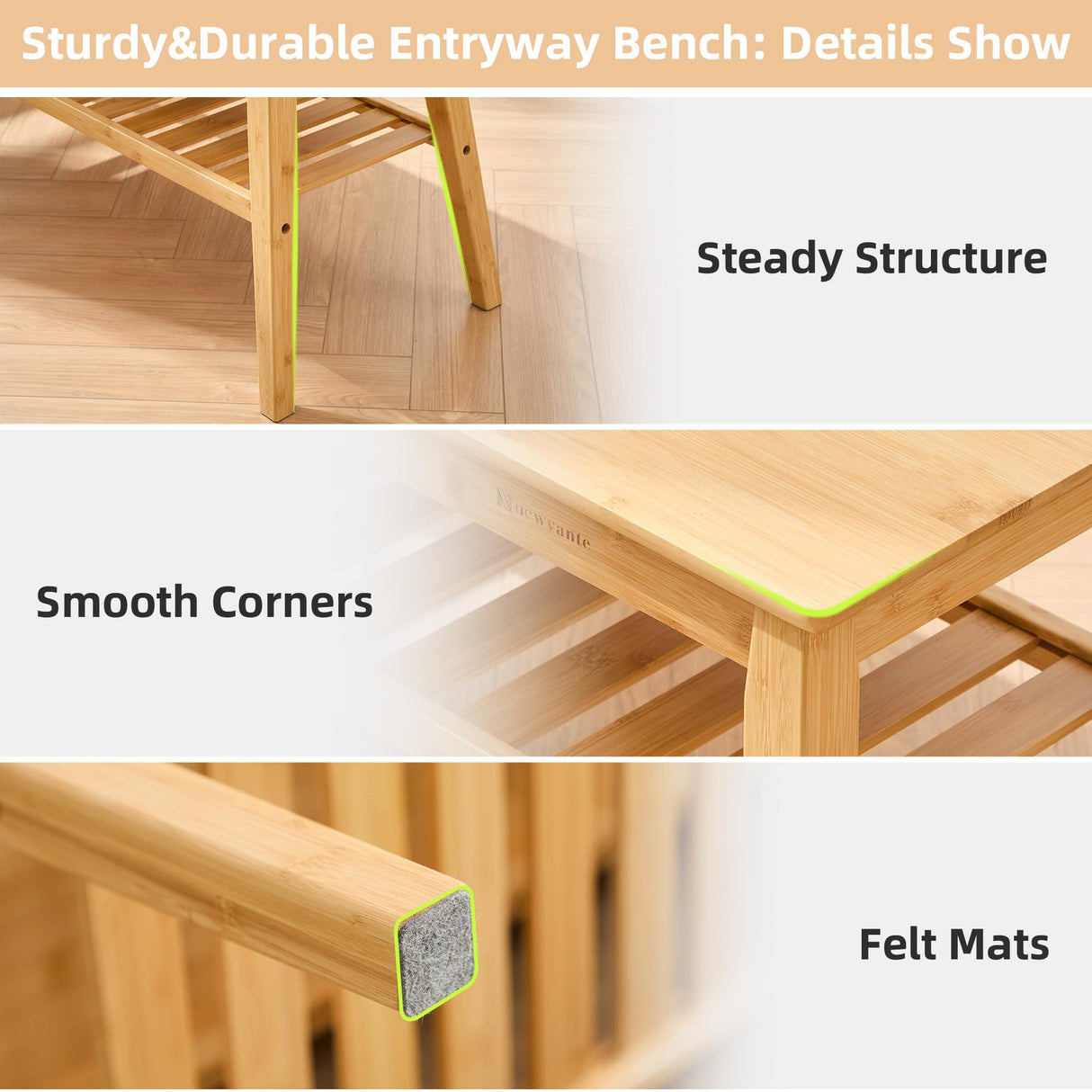 Nnewvante Bamboo Entryway Bench, 33.46" End of Bed Bench for Bedroom, 2 Tier Modern Indoor Bench for Living Room, Dining Room, Hallway, Holds up to 300lbs Nnewvante