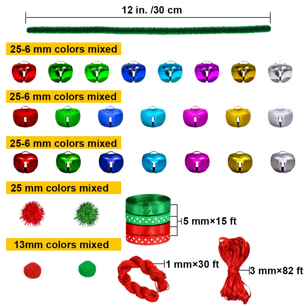 Winlyn 475 Set Christmas Jingle Bell Wreath Christmas Tree Ornaments Craft Kit Jingle Bell Metallic Chenille Stems Glitter Pom-Poms Ribbon Assortment for Kids Holiday Xmas Bracelets Necklaces Artwork Winlyn