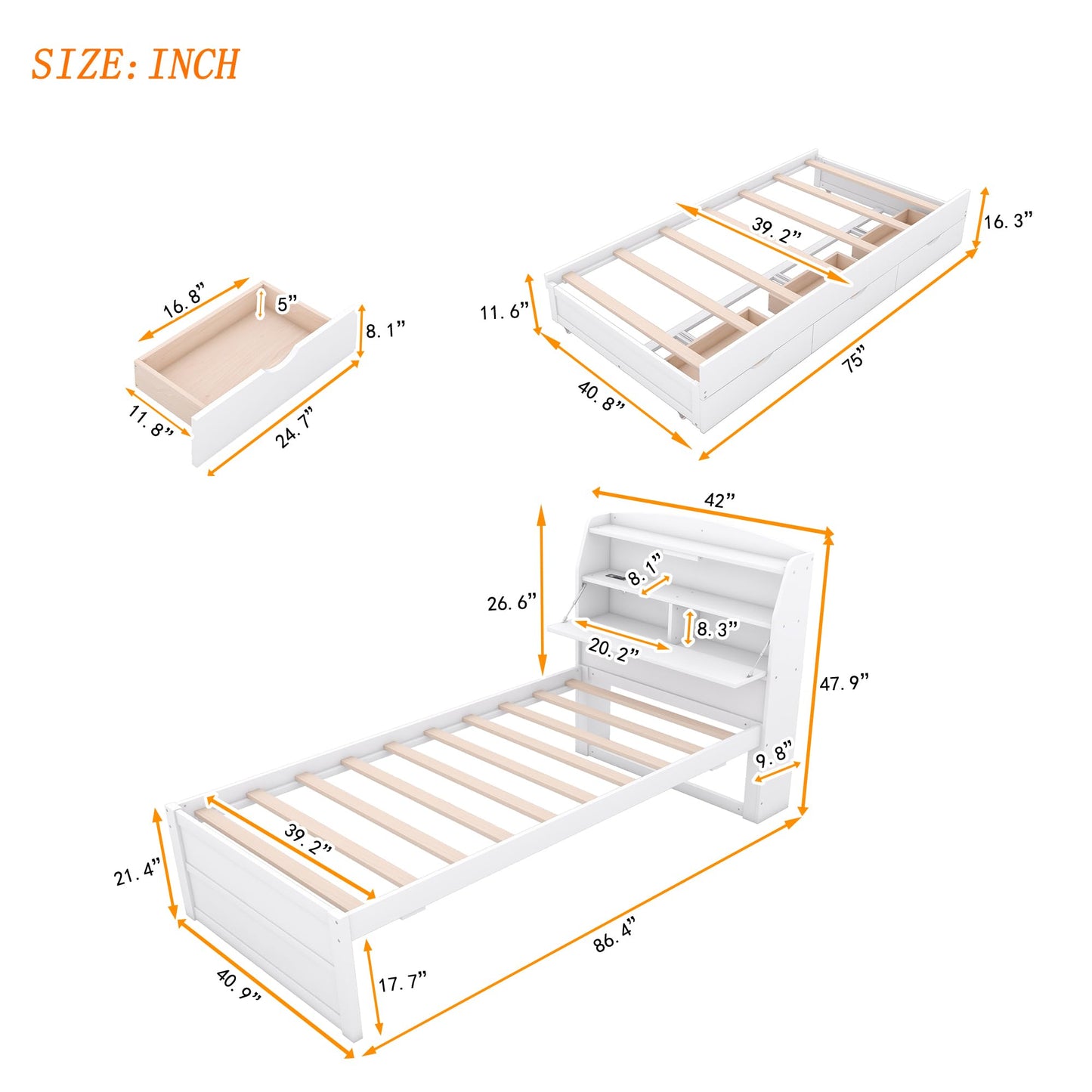 MERITLINE Twin Size LED Platform Bed with Trundle, Storage Drawers, and Bookcase Headboard in White - WoodArtSupply