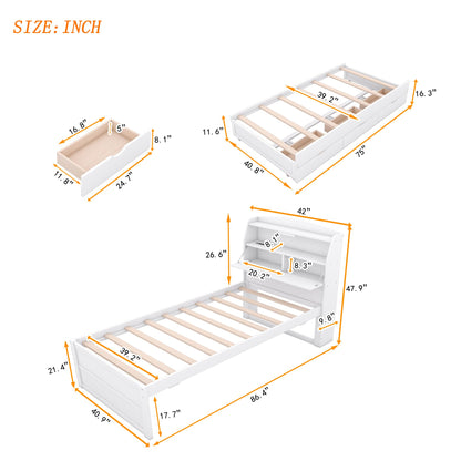 MERITLINE Twin Size LED Platform Bed with Trundle, Storage Drawers, and Bookcase Headboard in White - WoodArtSupply