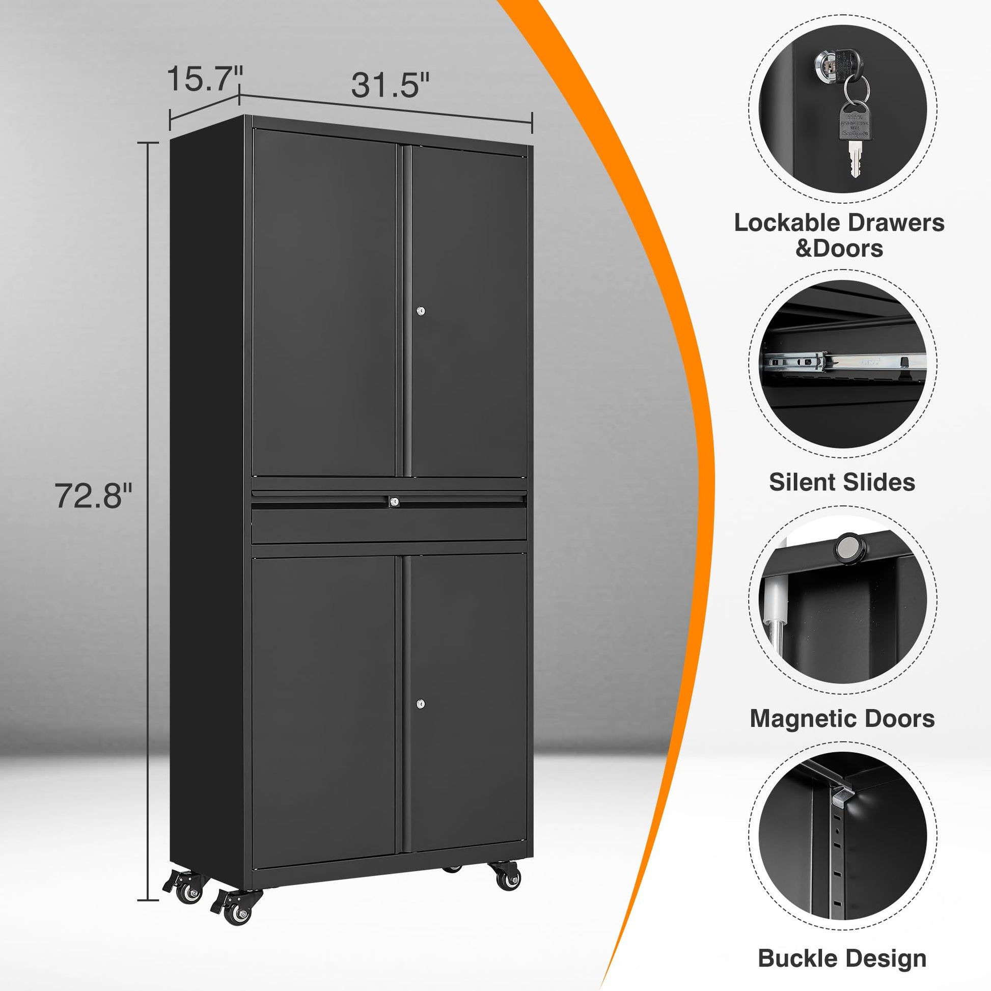 ZAOUS Metal Storage Cabinet, Heavy Duty Garage Cabinet on Wheels, 72'' Tall Storage Cabinets Tool Cabinet with Doors and Shelves for Home Office Utility Room, Black - WoodArtSupply