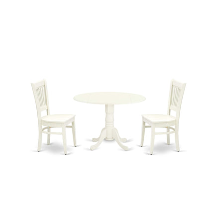 East West Furniture Dublin 3 Piece Modern Set Contains a Round Wooden Table with Dropleaf and 2 Dining Room Chairs, 42x42 Inch, Linen White - WoodArtSupply