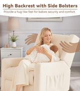 Tbfit 360° Swivel Recliner Chair, Nursery Rocking Chair with Lumbar Support & Footrest for Bedroom, Comfy Upholstered Armchair with Pillows & Storage Bag for Living Room (Beige, Hidden Ring Handle) Tbfit