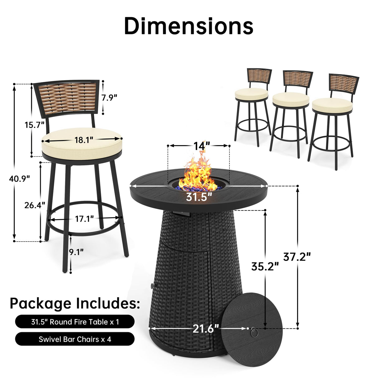 PIZZELLO 5 Pieces Outdoor Patio Furniture Set w/ 37" Propane Fire Table and 4 Swivel Barstools Chairs Outdoor Wicker Rattan Conversation Sets of 5 for Outside Porch, Balcony (Black) PIZZELLO