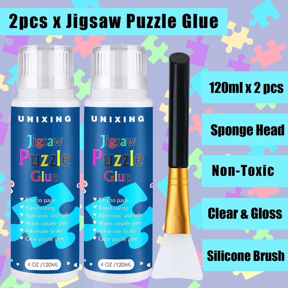 Jigsaw Puzzle Glue Clear With Sponge Head, Replace Puzzle Saver for 3000/3500/5000 Pieces, Suitable for Paper and Wood, Water-Soluble Craft Glue (2 Bottle X 120ML) Unixing