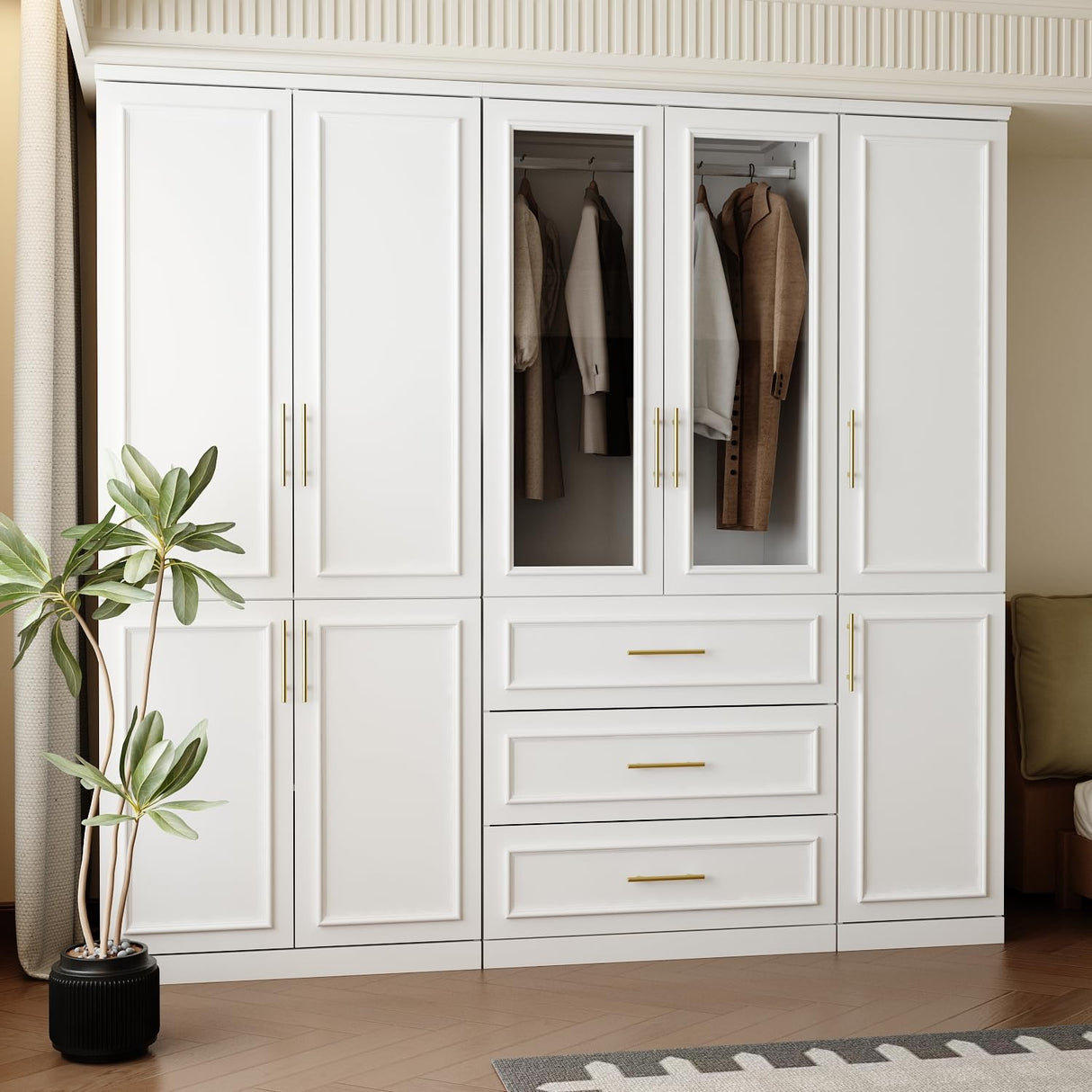 FUFU&GAGA Wardrobe Closet Collection with Doors, Modern White Bedroom Armoire System with Gold Handles, Modern Clothes Storage Cabinet with Drawers, Shelves, Hanging Rods, 79.1”W x 19.3”D x 74.8”H FUFU&GAGA