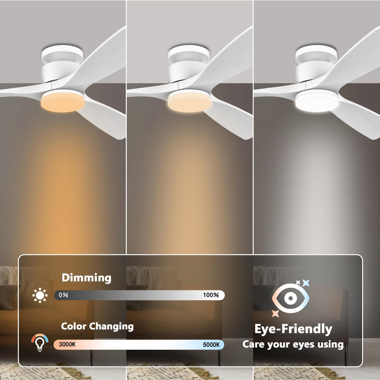 52 Inch Smart Low Profile Ceiling Fans,Solid Wood Outdoor Indoor Ceiling Fan with Lights Remote,WIFI Alexa App Control,Quiet DC Motor,Dimmable LED,Modern Flush Mount Fan for Bedroom Patio,White Lorpies