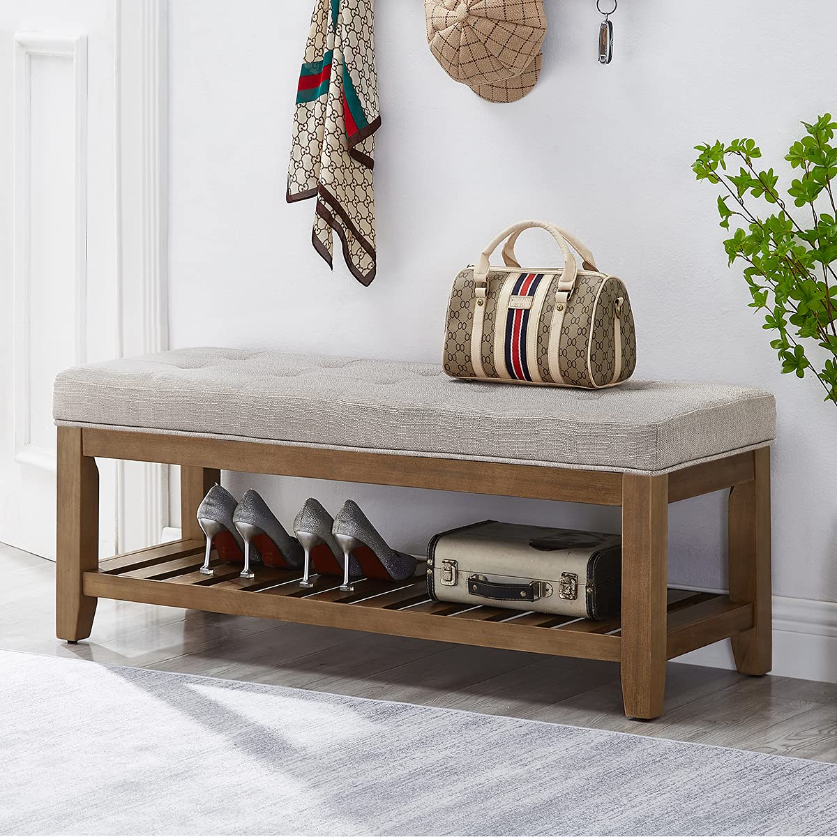 24KF Large Rectangular Upholstered Tufted Linen Fabric Ottoman Bench, Padded Bench with Solid Wood Shelf-Linen 24KF