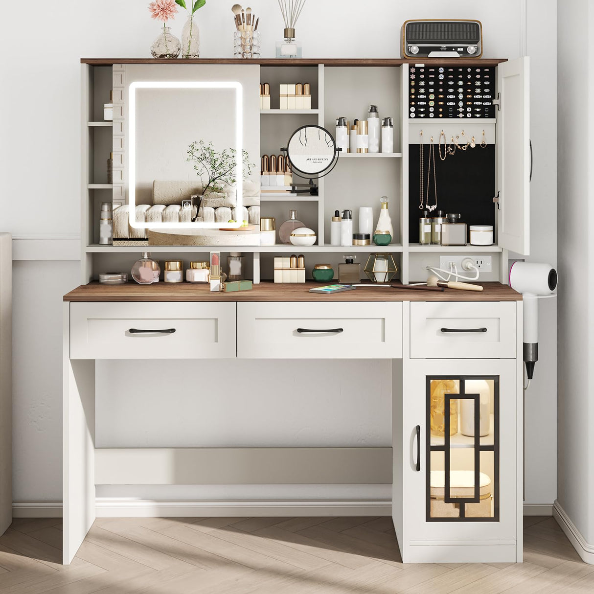 Maupvit Vanity Desk with Mirror and Lights, Makeup Table with Drawers & Jewelry Cabinet, Large Vanity with Storage, Bedroom Dressing Table (White) Maupvit
