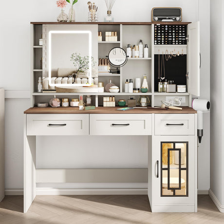 Maupvit Vanity Desk with Mirror and Lights, Makeup Table with Drawers & Jewelry Cabinet, Large Vanity with Storage, Bedroom Dressing Table (White) Maupvit