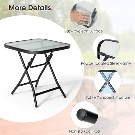 Giantex Folding Side Table, Square Small Patio Table, Tempered Glass Tabletop, Steel Frame, Weather-Resistant Outdoor Indoor Use for Bistro Porch Garden Balcony 18"x18"x18.5" Giantex