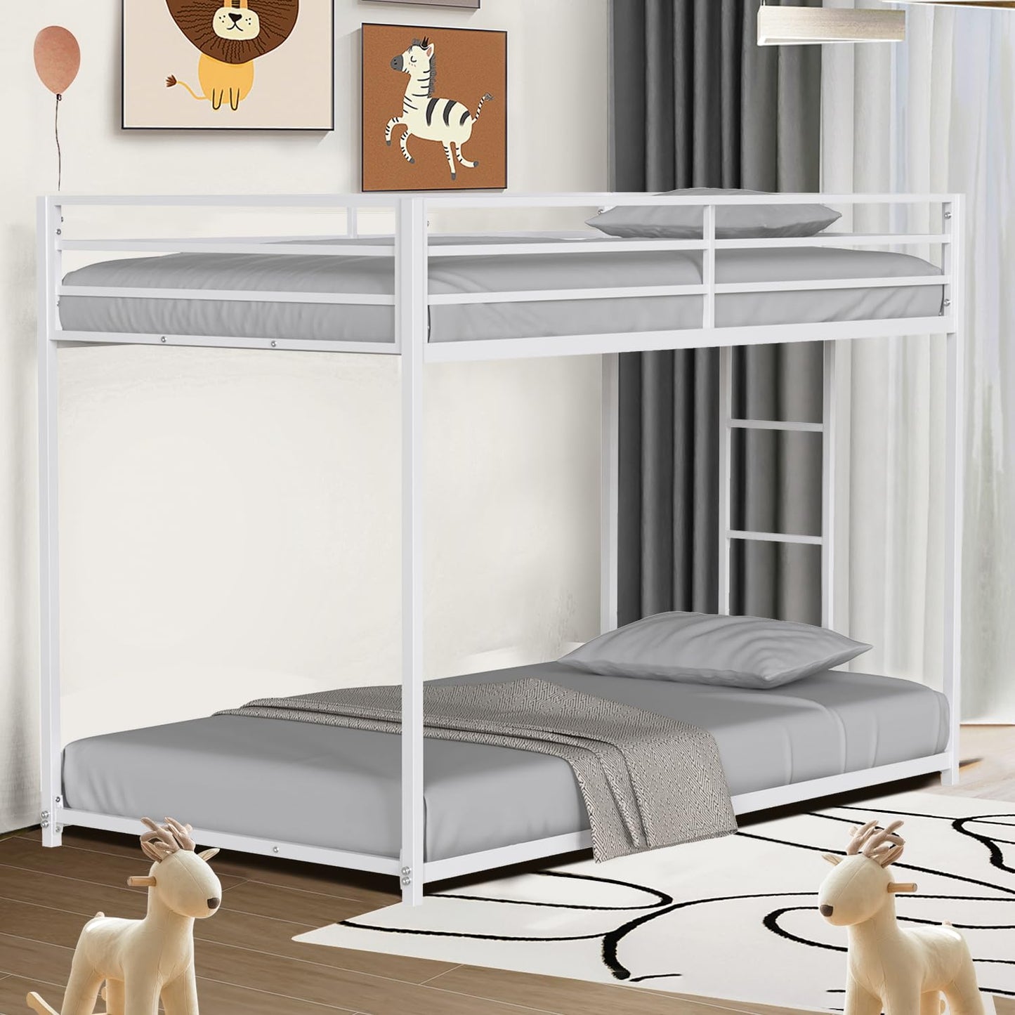 LifeSky White Metal Twin Over Twin Low Profile Bunk Bed with Side Ladder - WoodArtSupply