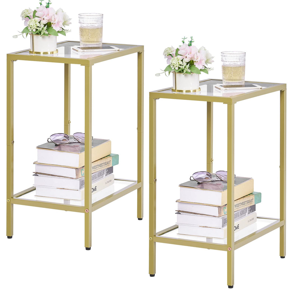 HOMSHO Side Tables Set of 2, End Tables with Tempered Glass, 2-Tier Nightstands with Storage Shelves, Coffee Table with Modern Style, Slim Sofa Table for Living Room, Bedroom, 11.8" D x 15" W, Golden HOMSHO