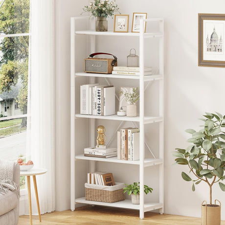 FATORRI Modern 5 Tier Bookshelf in White Oak with Metal Frame for Stylish Storage FATORRI