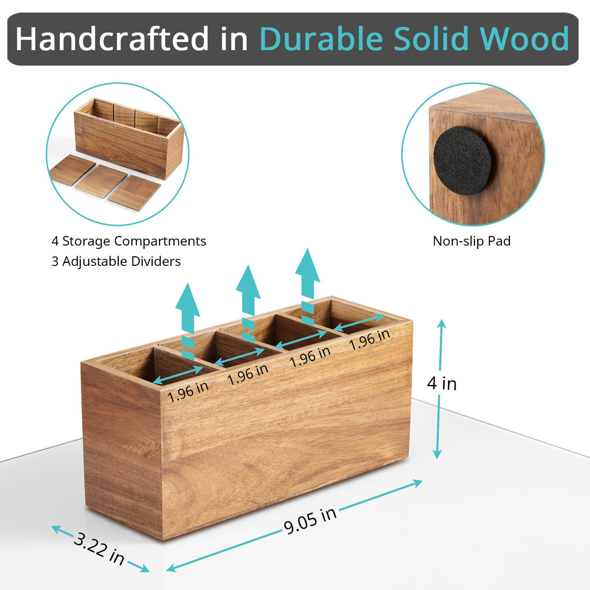 Bivvclaz Pencil Pen Holder for Desk, Acacia Wood Office Desk Organizers and Accessories with 4 Slots for Countertop, Makeup Brush Holder Organizer for Bathroom Vanity, Silverware Caddy for Party Bivvclaz