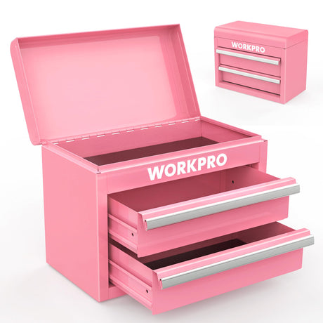 WORKPRO Mini Metal Tool Box with 2 Drawers and Top Storage, Small Tool Chest with PVC Liners and PP Feet Pads, Cold Rolled Steel Toolbox with Magnetic Tab WORKPRO