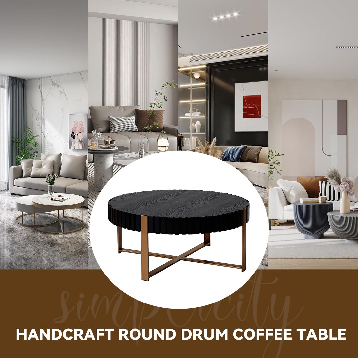 LKTART 31.5'' Round Coffee Table Modern Solid Wood Handcraft Drum Wooden Felief Coffee Table Stainless Steel Legs Sturdy Pedestal Tea Table for Living Room Apartment Small Space,Black - WoodArtSupply