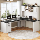 SEDETA Farmhouse L Shaped Desk with Hutch and 3 Drawers, 68.9" Executive Office Desk with File Drawer and Power Outlet, Corner Computer Desk with Storage Shelves for Home Office, White SEDETA