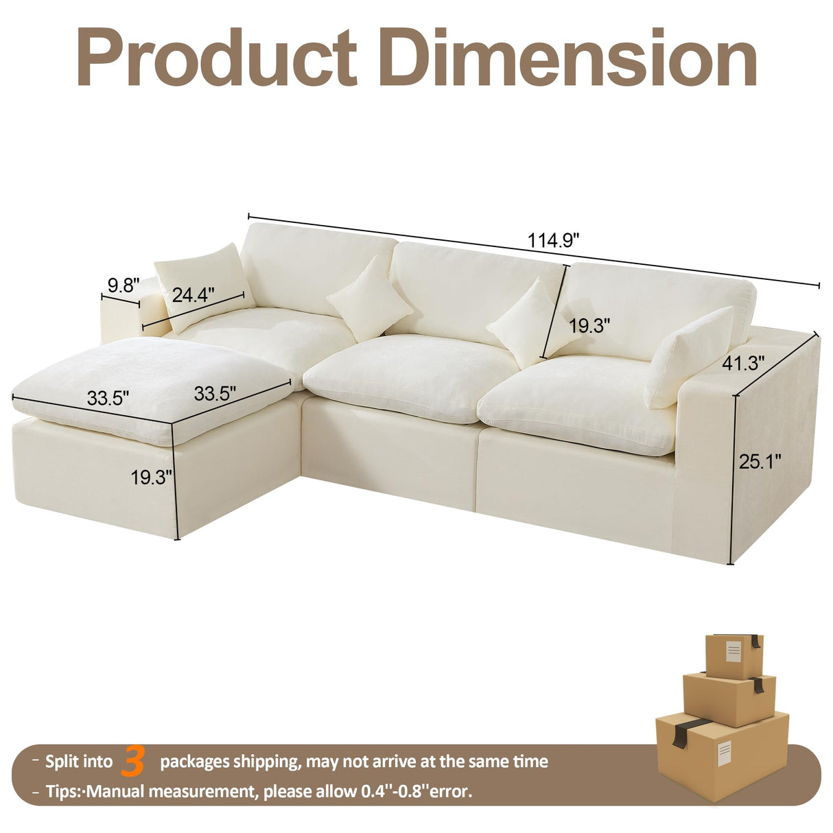 115''Cloud Boneless Sectional Couch, Modular Sectional Sofa Deep Seat with Ottoman, Oversized Upholstered Convertible Comfy 4 Seater Chenille Sofa L Shape Couches for Living Room, Beige WUTUTUEE