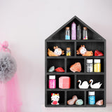 Threehoney House Shaped Wooden Shadow Cubby Box 10 W x 2 1/4 D x 15 H Hanging Display Shelf Organizer Wall Mounted Curio Cabinet Wooden Display Case Miniature Display Shelf for Figures (Black) Threehoney