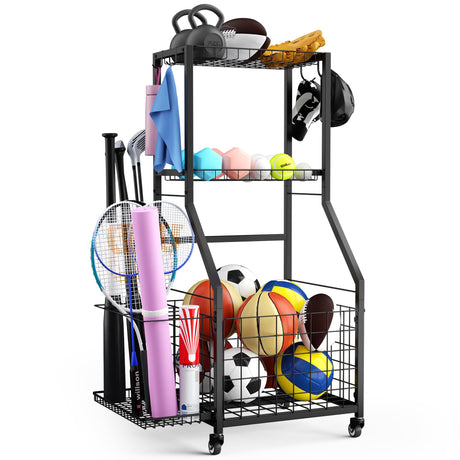 DUDUXI Sports Equipment Garage Organizer,Garage Ball Storage Rack for Sports with Wheels-Upgraded 3 Layers Sports Organizer Rack Outdoor Basketball Racks for Balls with Holder and Hooks DUDUXI