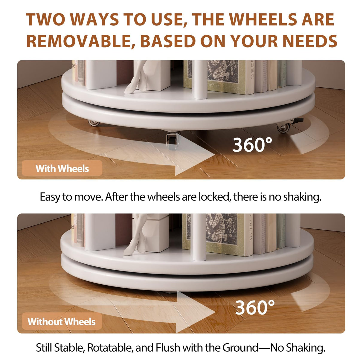 Muwuele Solid Wood Rotating Bookshelf on Wheels, 6 Tier, Round Revolving Bookcase, 360° Spinning Book Shelf Tower for Kids, Narrow Rolling Bookshelves for Small Space, Corner, Bedroom, Office, White Muwuele