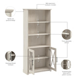 Lennox Tall 5 Shelf Bookcase with Glass Doors in Linen White Oak - Stylish Farmhouse Storage Solution Bush Business Furniture