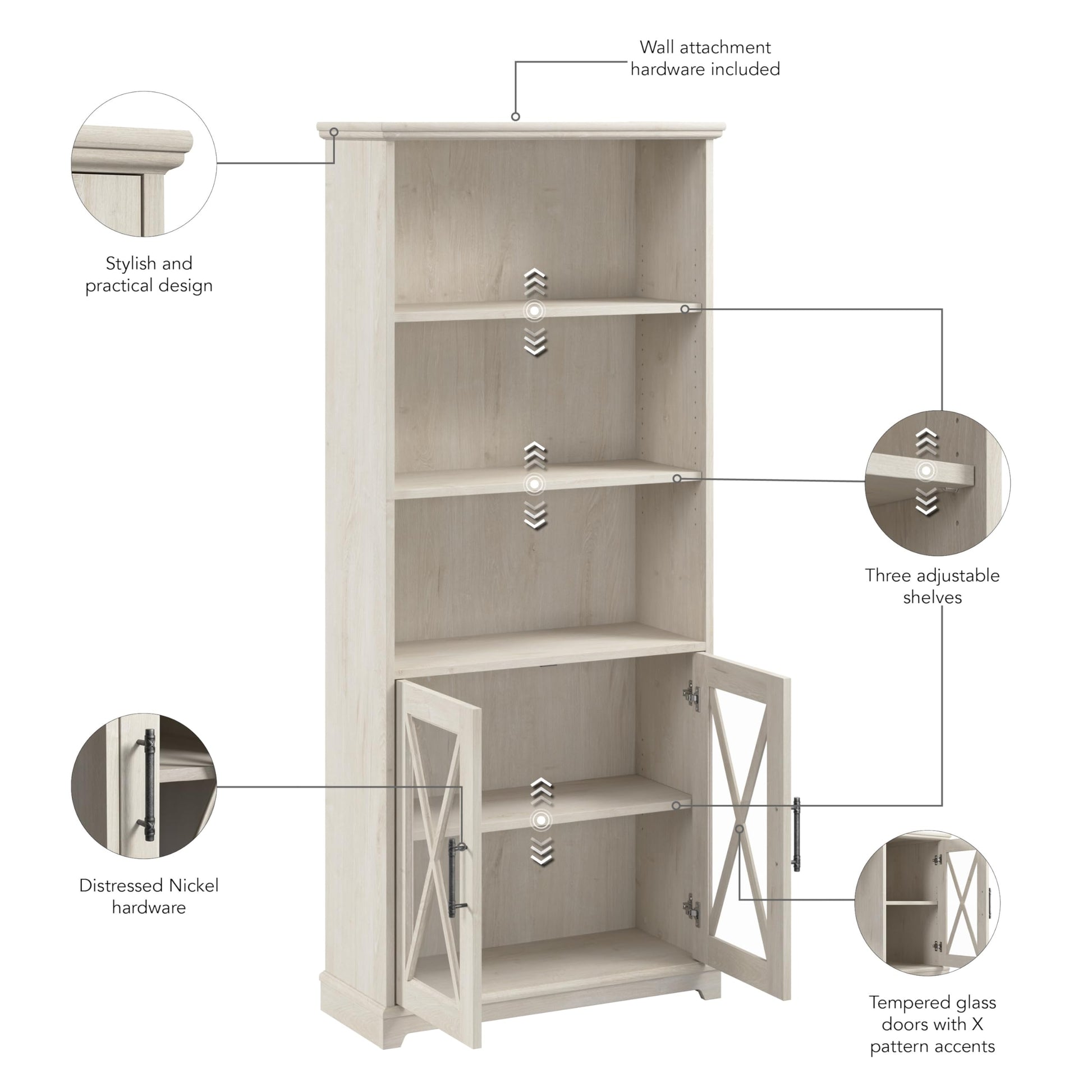 Lennox Tall 5 Shelf Bookcase with Glass Doors in Linen White Oak - Stylish Farmhouse Storage Solution - WoodArtSupply