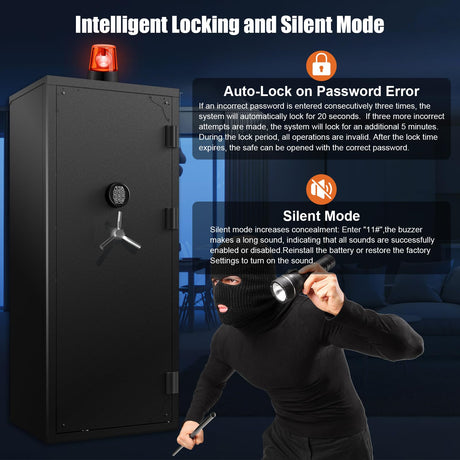 Large Rifle Safe, 20-27 Gun Safe for Rifle and Shotgun/Rifle Pistol Rack/Storage Pocket/Removable Shelf/Silent Mode/External Battery/LED/Key,180° Open Door Panel Organizer Gun Cabinet Safe Unassembled TTSITG