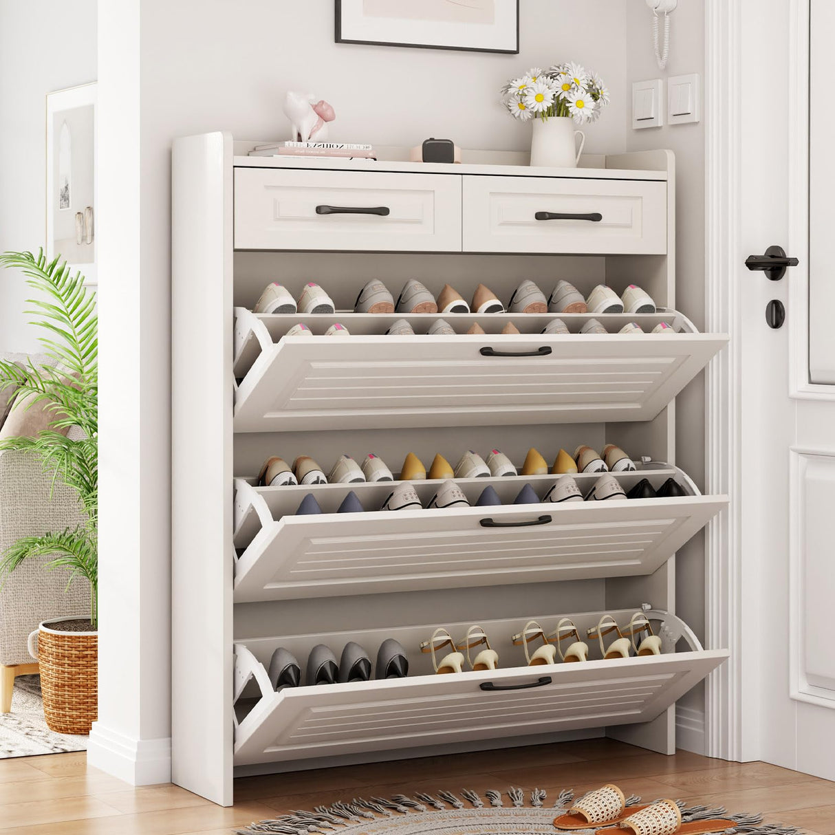 Shoe Cabinet for Entryway, Narrow Shoe Storage Cabinet with 3 Flip Drawers and 2 Top Drawers, Modern Shoe Rack Organizer Cabinet for Hallway, Apartment, Living Room, White Lakifun