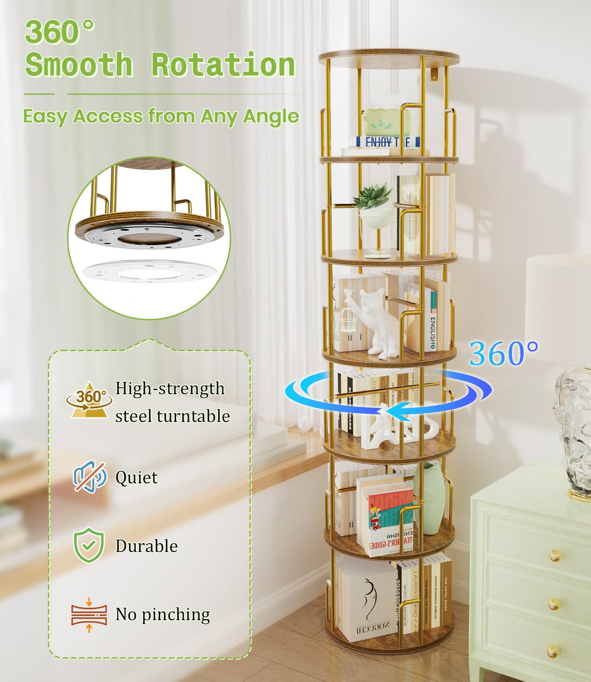6 Tier Rotating Bookshelf Tower Round,74” Tall Spinning Bookshelf Tower Anti-Tipping Design,Metal & Wood Standing Revolving Bookcase Stackable Space Saving for Small Spaces,Study,Living Room,Bedroom Amzeth