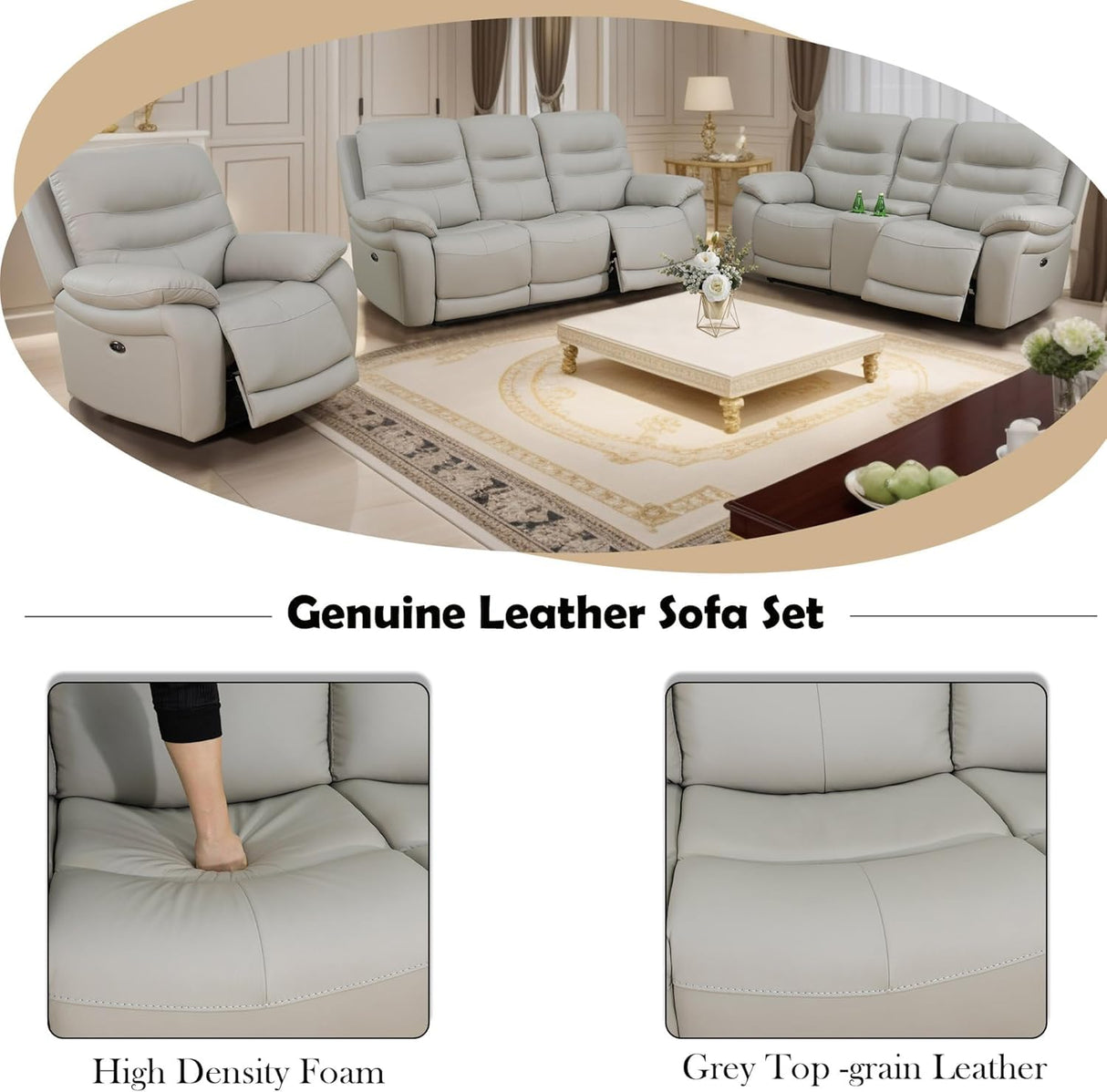 Genuine Leather Recliner Couch Set, Power Reclining Sofa Set 3 Pieces Top Grain Leather Sofa with Built in USB Port for Living Room(Light Grey) (Sofa+Loveseat+Chair) Pon Living Furniture Inc