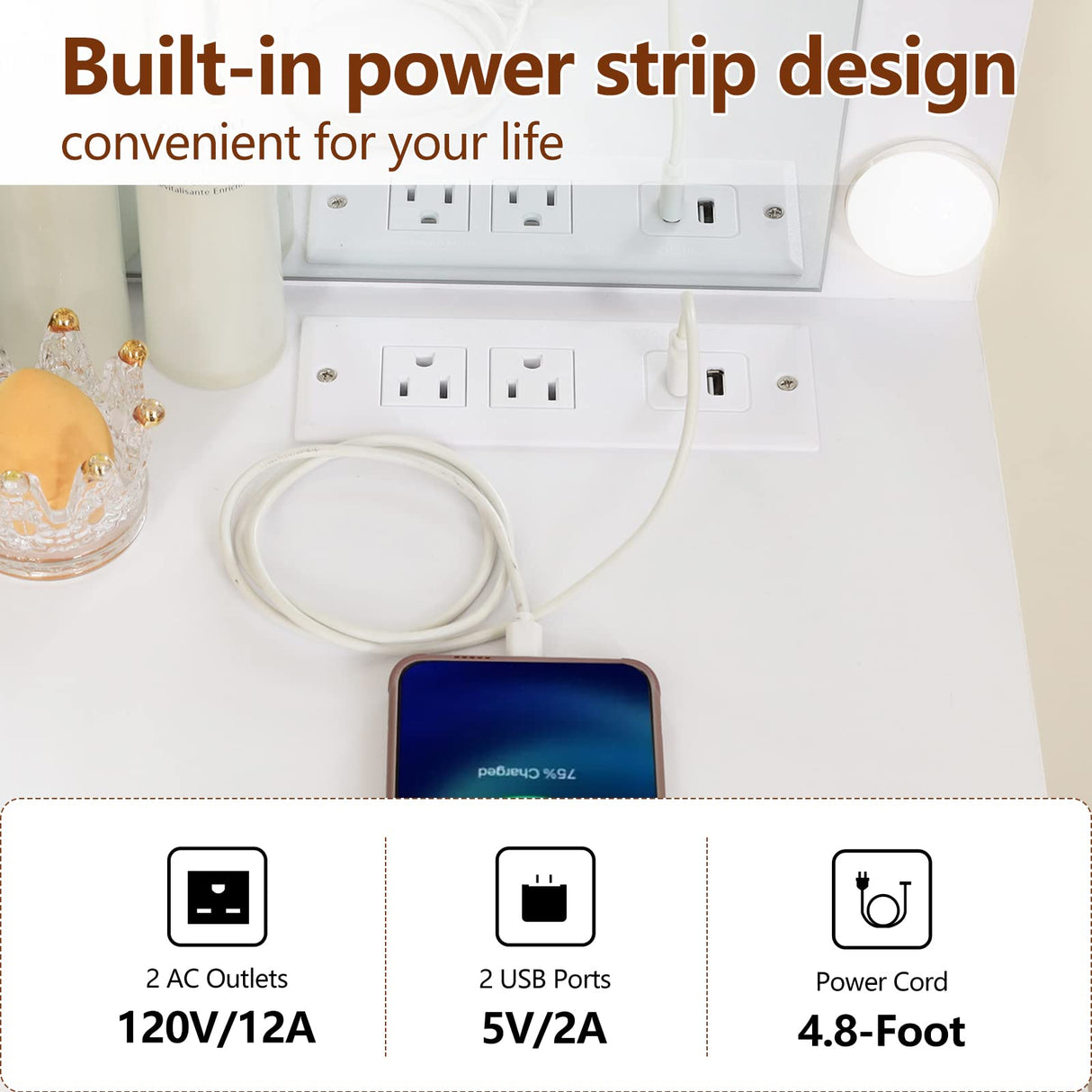 usikey Makeup Vanity with 12 Lights, Vanity Desk with Power Outlet, Makeup Vanity Table with 5 Drawers, Large Mirror, Dressing Vanity Table with Stool for Bedroom, Bathroom, White usikey