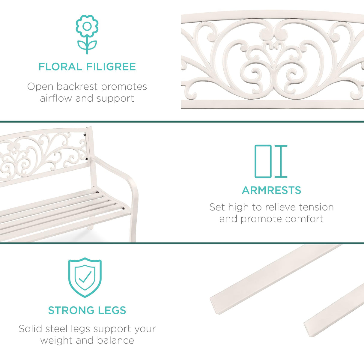 Best Choice Products Outdoor Bench Steel Garden Patio Porch Furniture for Lawn, Park, Deck w/Floral Design Backrest, Slatted Seat - White Best Choice Products