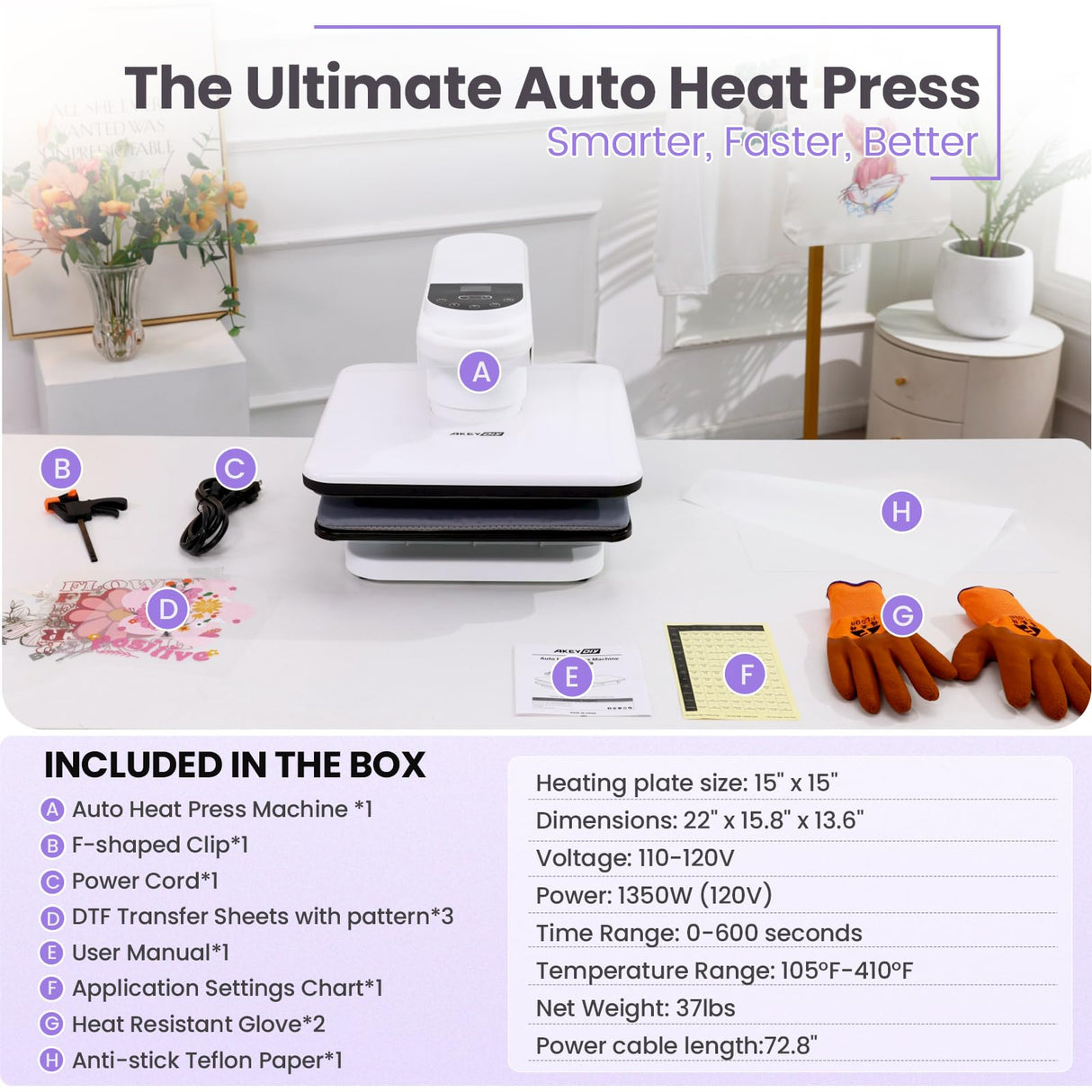 Whubefy 360° Swivel Auto Heat Press 15x15 - Professional Automatic Shirt Press Machine with Auto Release & 7-Level Auto Pressure - Swing Away Large Pro Heat Press Machine for T Shirts Hoodie HTV Vinyl Whubefy