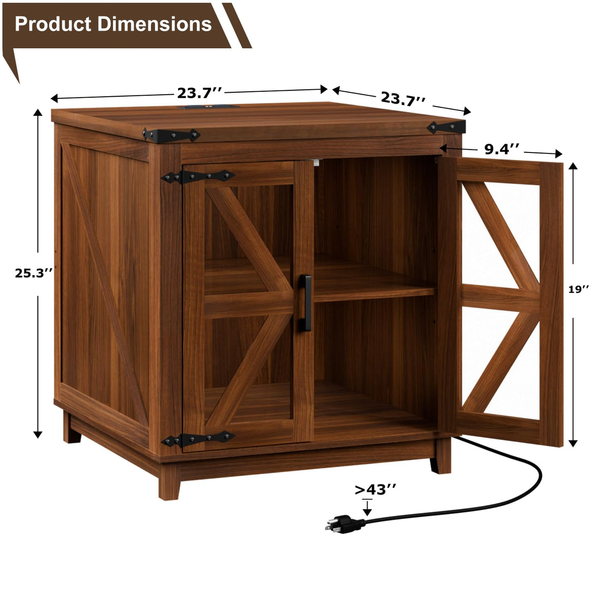VITESSE Farmhouse End Table, 24" Large Wood Square Nightstand with Doors, Sofa Side Table with Charging Station Modern Nightstand Storage Cabinet for Living Room, Bedroom, Entryway (Brown) VITESSE