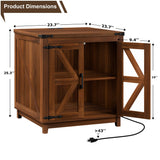 VITESSE Farmhouse End Table, 24" Large Wood Square Nightstand with Doors, Sofa Side Table with Charging Station Modern Nightstand Storage Cabinet for Living Room, Bedroom, Entryway (Brown) VITESSE