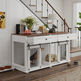 63'' Dog Crate Furniture for 2 Dogs, Wooden Dog Crate Table Furniture with 2 Storage Drawers, Indoor Dog Kennel with Divider and Double Sliding Doors, Large Pet House, White Cage Natural Wood Tabletop Kurhwyss