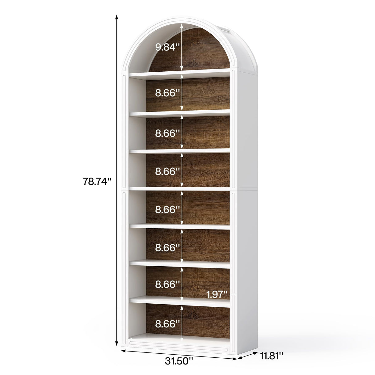 LITTLE TREE 8-Tier Bookcase, 78.7" Tall Bookshelf with Arched Top, Large Freestanding Wooden Open Bookcase Bookshelf, Modern Book Shelf Organizer for Living Room, Bedroom, Office, Library, White Brown LITTLE TREE