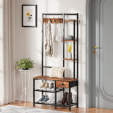 Furologee Coat Rack, Hall Tree with Bench and Shoe Storage, 4 in 1 Entryway Bench, Coat Rack with 3 Shelves and Drawer, Entryway Organizer with 5 Hooks for Hanging, Rustic Brown Furologee