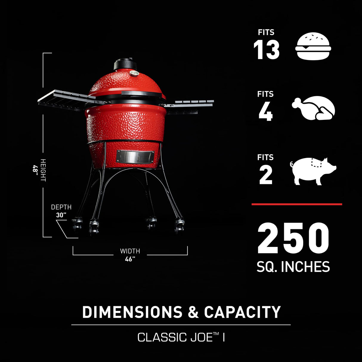 Kamado Joe® Classic Joe™ I Premium 18-inch Ceramic Charcoal Grill and Smoker in Red with Cart, Side Shelves, Grill Gripper, and Ash Tool. 250 Cooking Square Inches, 2 Tier Cooking System, Model KJ23RH Kamado Joe