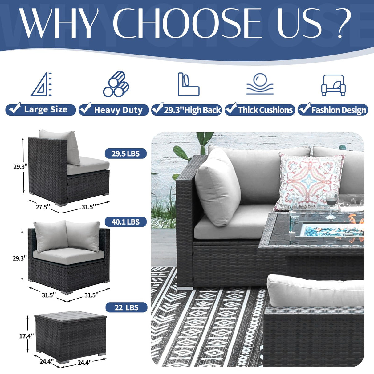 NICESOUL® 15 Piece Luxury Large Patio Furniture Sofa Set with Natural Gas/Propane Fire Pit Table, 29.3" High Back Outdoor Conversation Set, Outside PE Rattan Sectional Sofa, Light Gray NICESOUL