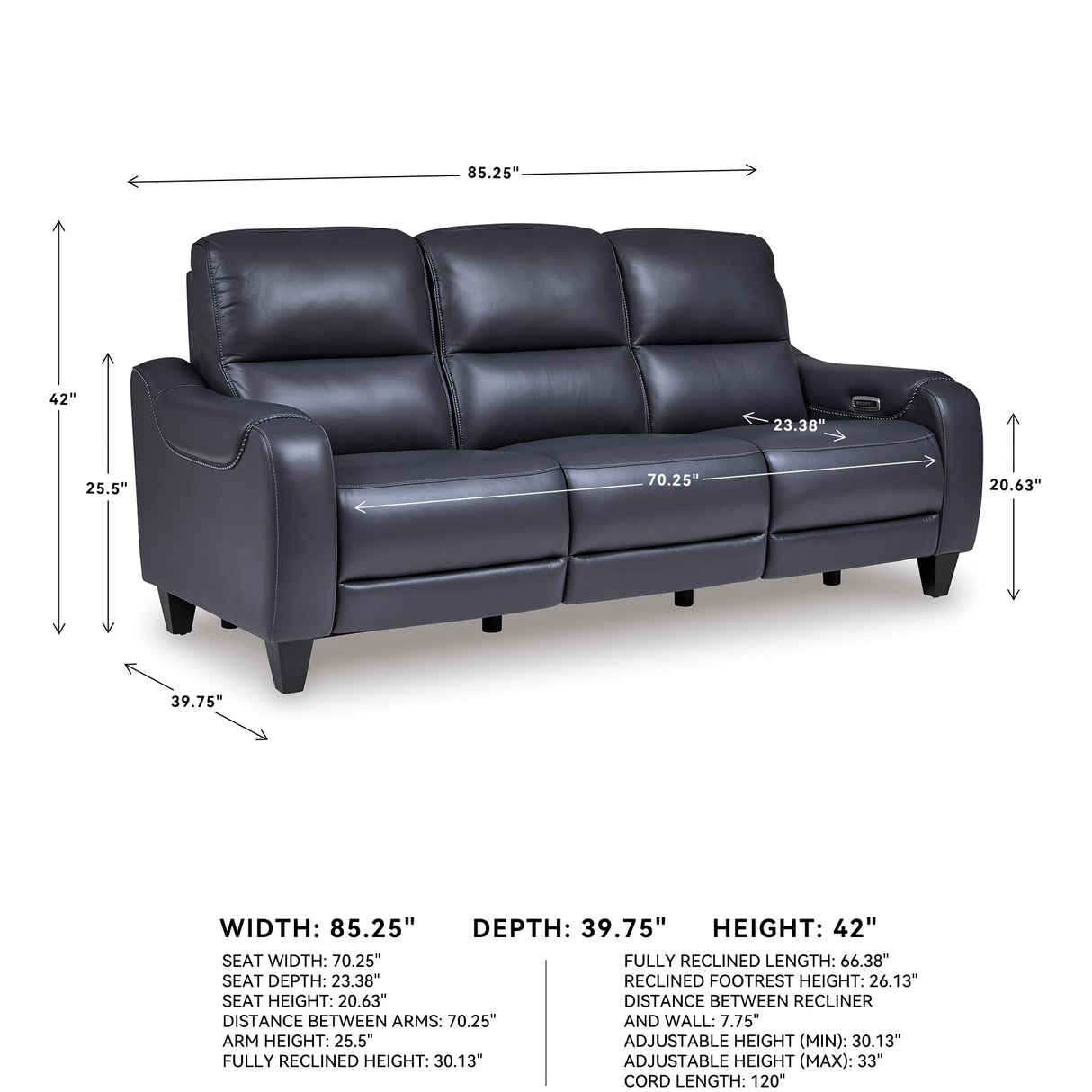 Signature Design by Ashley Mercomatic Contemporary Leather Match Wall Hugger Power Reclining Sofa with Adjustable Headrest and USB Ports, Blue Signature Design by Ashley