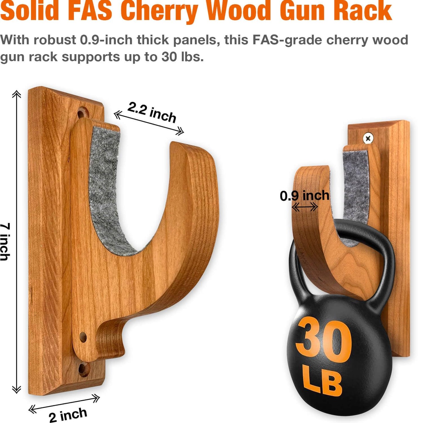 Lobaoera Gun Rack Wall Mount, FAS Cherry Solid Wood - Horizontal Display, Shotgun Hooks, Real Hardwood Hanger for Rifles, Shotguns, and Bows - WoodArtSupply