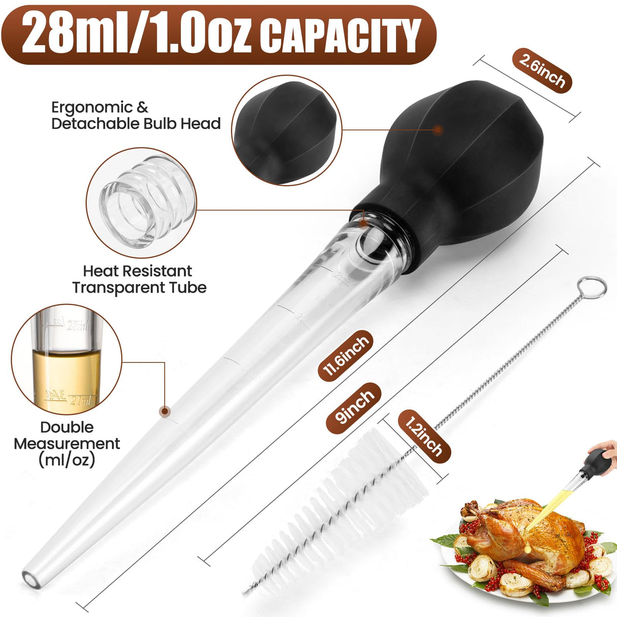 SCHVUBENR Large Turkey Baster with Cleaning Brush - Premium Baster Tool for Cooking - Easy to Use and Clean - Powerful Bulb Baster Syringe - Dishwasher Safe - Flavor Meat Poultry, Beef, Chicken(Black) SCHVUBENR