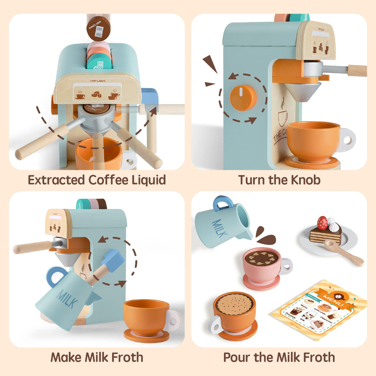 Tiny Land Kids Coffee Maker Wooden Kitchen Toys - 17Pcs Toy Coffee Maker Playset - Wooden Play Toys, Play Kitchen Accessories for Girls & Boys Tiny Land
