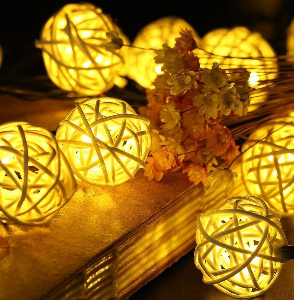 EONLYX Solar Rattan Ball String Lights, 30LED 20ft Rattan Ball Fairy Lights Waterproof Rattan Ball Garden Lights for Landscape Patio Christmas Party Wedding Decoration (Warm White) EONLYX