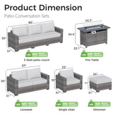 WACASA 7 Piece Patio Furniture Set with Fire Pit Table, Outdoor Patio Sectional Sofa Couch with Washable Cover, Natural Rattan Weave Conversation Set for Garden Outdoor WACASA